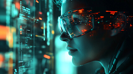 Aufkleber - Person engages with advanced digital display, showcasing future communication methods