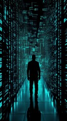 Poster - silhouette of a person in a dark futuristic network with electric blue data streams