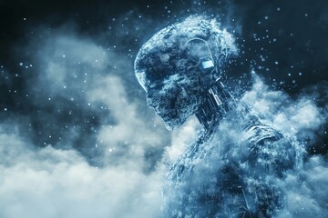 Poster - A digital humanoid figure enveloped in mist and data particles