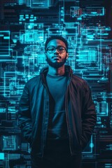 Canvas Print - a man in a black jacket stands in front of a wall of computer screens