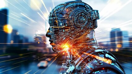 Poster - Futuristic robot silhouette with glowing circuitry against a city skyline in 4K resolution