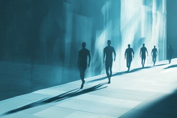 Wall Mural - Group of people are walking down a hallway in a building