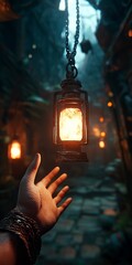 Poster - Hand Holding Vintage Lantern in Dimly Lit Alleyway