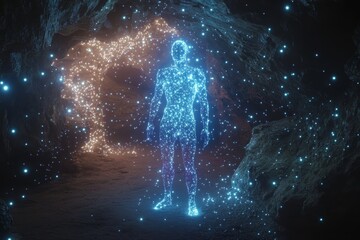 Wall Mural - A man is standing in a cave with a blue light surrounding him