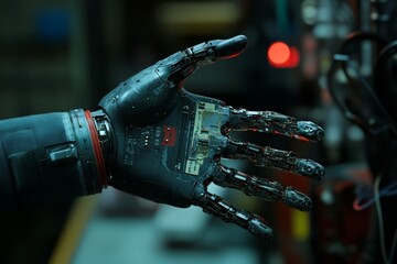 Poster - Futuristic Robotic Hand with Circuitry in a High-Tech Industrial Setting