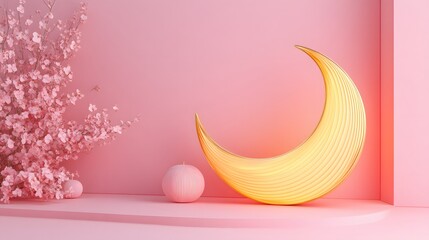 Canvas Print - Golden crescent moon with pink flowers and candle