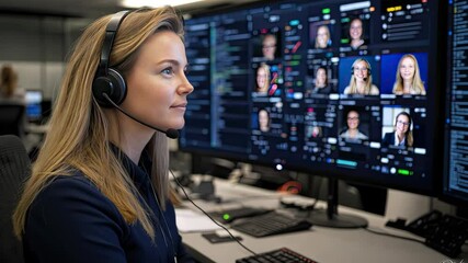 Poster - Professional woman collaborates with remote team members displayed on large screens in a high-tech workspace during a meeting