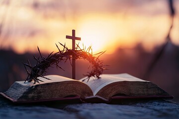 Poster - Christian Cross and open book with a crown of thorns with a sunset scene background. Palm Sunday Concept 