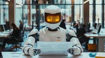 Poster - Robot with Yellow Eyes Reading Document in Modern Office Environment
