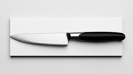 Modern chef's knife with black handle on white surface.