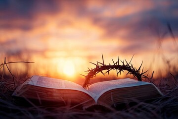 Poster - Christian Cross and open book with a crown of thorns with a sunset scene background. Palm Sunday Concept 