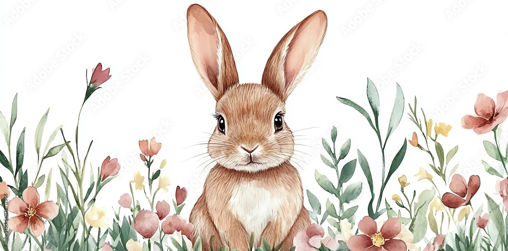 Watercolor illustration of a cute brown bunny rabbit sitting in a field ...
