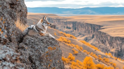 Wall Mural - A coyote rests on a rocky ledge overlooking a vast, autumn-colored landscape.