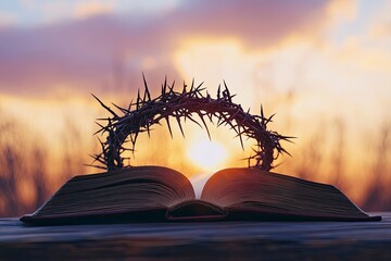 Poster - Christian Cross and open book with a crown of thorns with a sunset scene background. Palm Sunday Concept 