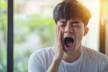 Canvas Print - close up young asian man using hand cover cover face for yawning after wake up early in the morning on weekend day ,millennial lifestyle daily and world sleep day concept 