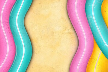 Poster - Colorful Wavy Background with Pink, Blue, and Yellow Lines on a Textured Beige Surface for Creative Designs