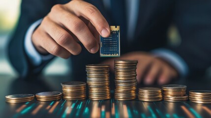 Poster - Businessman Holding Memory Chip Above Stacks of Coins Investment Concept