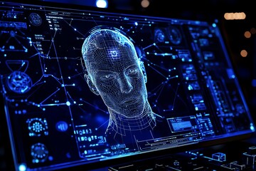 Poster - Digital Head: Wireframe Portrait in a Futuristic Blue Interface