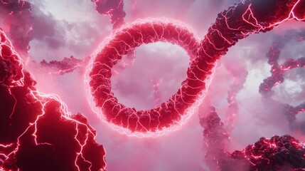 Poster - Abstract digital artwork of glowing pink lightning rings amid stormy clouds in a surreal cosmic landscape