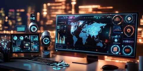 Poster - Cybersecurity Monitoring Station:  Neon-Lit Global Network Visualization