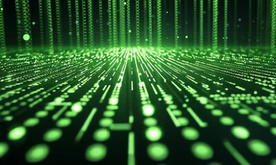Green digital data flow; abstract background; tech presentation