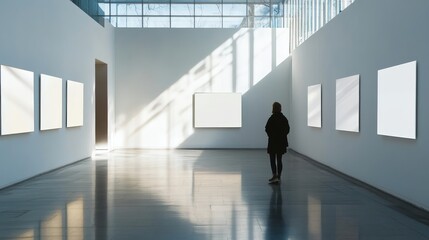 Sticker - Person Observing Minimalist Art in Modern Gallery with Natural Light Effects