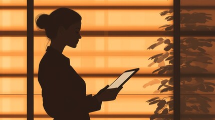 Canvas Print - a woman is sitting in front of a window, reading a tablet