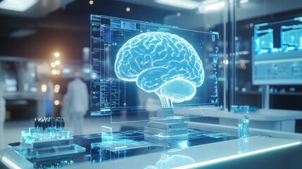 Poster - Futuristic Medical Technology with 3D Brain Model in Laboratory