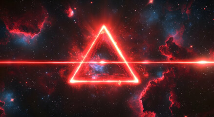 Fototapete - Neon red triangle with laser beams shooting out of it, the background is dark space with galaxies and stars.