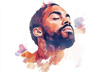 Poster - vibrant watercolor portrait of a man with closed eyes and serene expression on white background