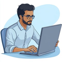 Poster - A man wearing glasses is sitting at a desk with a laptop open in front of him