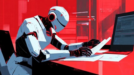 Poster - Robot Working on Documents in Futuristic Office Environment
