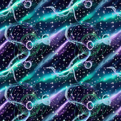 Wall Mural - Mystical Cosmic Seamless Pattern Background with stars, haze and energetic glow in turquoise, dark blue and purple