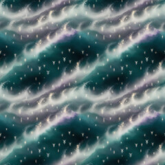 Wall Mural - Seamless pattern of ethereal starry sky with waves of misty glow and symbols