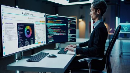 Leinwandbilder - Working on data analysis in a tech-savvy office during evening hours with multiple monitors