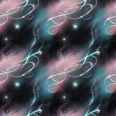 Wall Mural - Dark mystical seamless pattern with turquoise and pink glowing lines, flares and sparkles