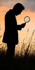 Canvas Print - a man is looking through a magnifying glass in a field
