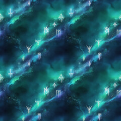 Wall Mural - Mystical Runes on Blue and Turquoise Nebula Seamless Background Pattern