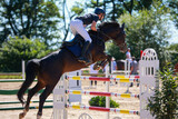 Horse jumping horse with rider jumping over an obstacle.
