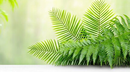 Poster - Lush Green Fern Leaves on Wooden Surface with Soft Blurred Background