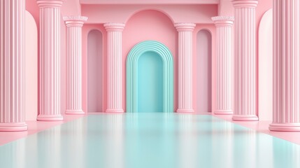 Poster - Elegant pastel interior with arches, columns, and a glossy floor in a creative space