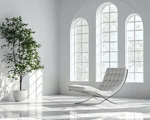 Poster - Modern white room with chaise lounge, plant, and arched windows.