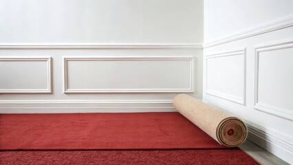 Aufkleber - A carpet roll positioned against a backdrop of fresh white wall paint illustrating how the depth of the carpets color stands out against a clean surface hinting at how it will