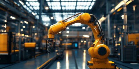 Poster - A yellow robotic arm in a high-tech factory, showcasing automation and precision