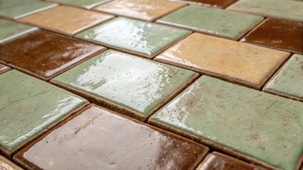Poster - A close inspection of vintagestyle earthenware tiles presenting a muted palette of earthy browns and soft greens. The textured surfaces exhibit a blend of gloss and matte finishes