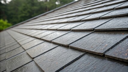 Poster - A close inspection shows a mix of newly installed and stacked shingles at the roofs edge revealing the symmetry and balance in their placement. The sheen from a recent rain adds a