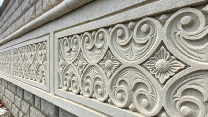 Aufkleber - A close inspection reveals the fine details on a decorative precast concrete wall section showcasing a sophisticated relief pattern. The intricate design contrasts with the