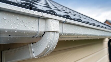 Poster - A close shot of a corner gutter piece its curved edge designed for optimal water flow. Tiny droplets from a recent rain glisten on the surface emphasizing the functionality of the