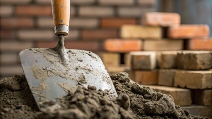 Poster - A closeup angle captures the gritty texture of a weathered trowel pressing into a pile of wet mortar the mixture smooth and pliable. In the background a collection of variably