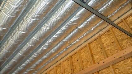 Poster - A closeup angle captures the radiant barrier insulation against a backdrop of rough plywood and the gleaming metal framework. The ridges and folds of the insulation suggest a